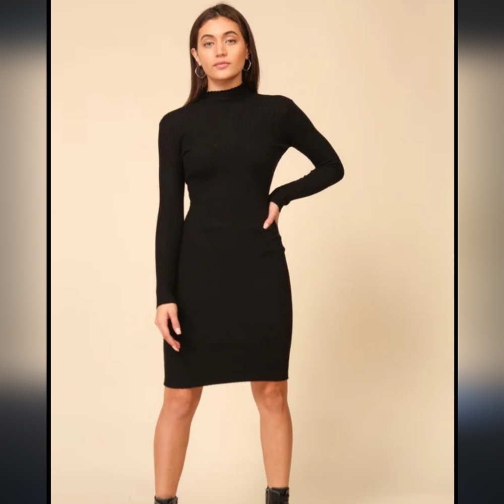 Women's Black Fitted Mock Neck Sweater Dress